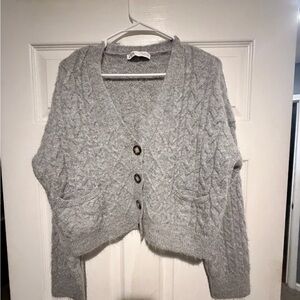 Zara Cozy Light Gray Cable-Knit Button Cardigan Sweater